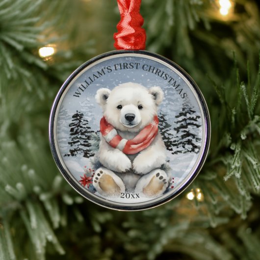Winter Red Scarf Polar Bear Baby's First Christmas Ornament Aus Metall (Baum)