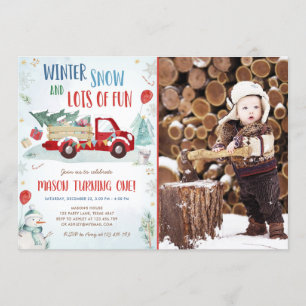 Winter Red Truck Snow Fun Boy Erster Geburtstag Einladung