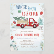 Winter Red Truck Snow Fun Boy Erster Geburtstag
