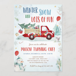 Winter Red Truck Snow Fun Boy Erster Geburtstag Einladung