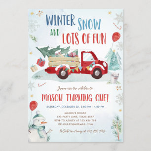 Winter Red Truck Snow Fun Boy Erster Geburtstag Einladung