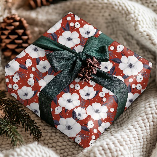 Winter Red White Christmas Floral Pattern Geschenkpapier