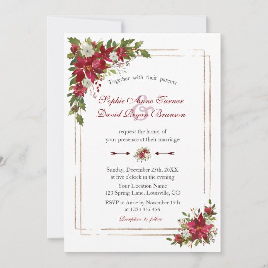 Winter Red White Poinsettia Rose Gold Wedding Einladung (Vorderseite)