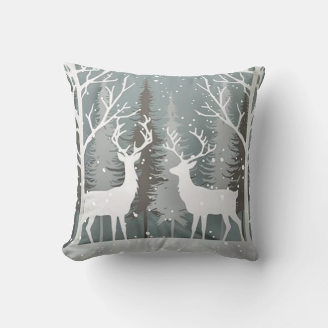 Winter-Reh-Grau-Blau-Wald-Design Kissen (Vorderseite)