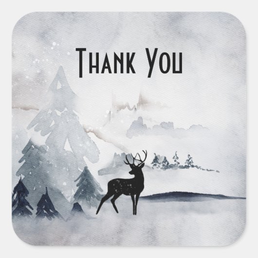 Winter Reindeer Rustic Gray Watercolor Vielen Dank Quadratischer Aufkleber (Vorderseite)
