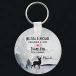 Winter Reindeer Rustic Gray Watercolor Wedding Schlüsselanhänger<br><div class="desc">Wedding favor key chain with a watercolor image featuring a black silhouette reindeer standing among some pine trees. Gray black and white neutral color scheme.</div>