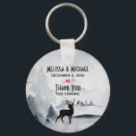Winter Reindeer Rustic Gray Watercolor Wedding Schlüsselanhänger<br><div class="desc">Wedding favor key chain with a watercolor image featuring a black silhouette reindeer standing among some pine trees. Gray black and white neutral color scheme.</div>