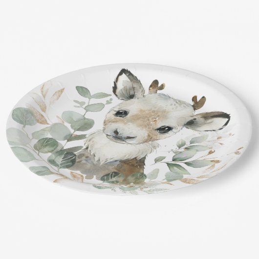 Winter Rentier Eucalyptus Gold Baby Dusche Party Pappteller (Schrägansicht)