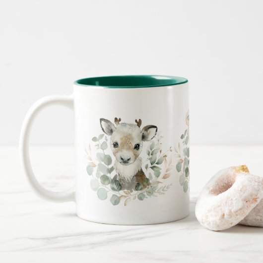 Winter Rentier Polar Bear Pinguin Grüner Kranz Zweifarbige Tasse (Mit Donut)