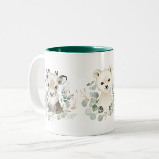 Winter Rentier Polar Bear Pinguin Grüner Kranz Zweifarbige Tasse (Vorderseite Links)