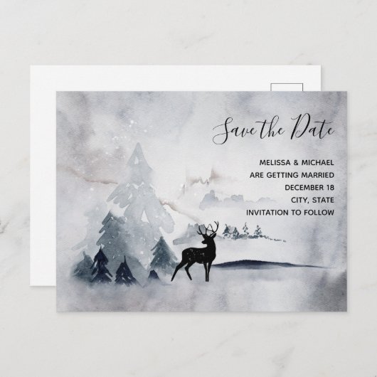 Winter-Rentier Rustikale graue Hochzeit retten Dat Einladungspostkarte (Vorne/Hinten)