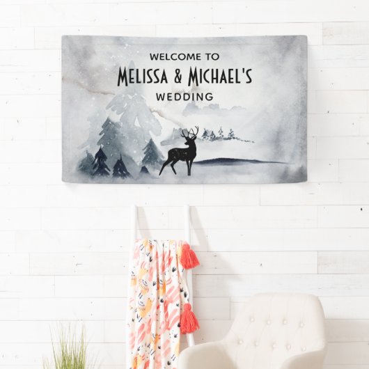 Winter Rentier Rustikale Hochzeit mit grauem Wasse Banner (Insitu)