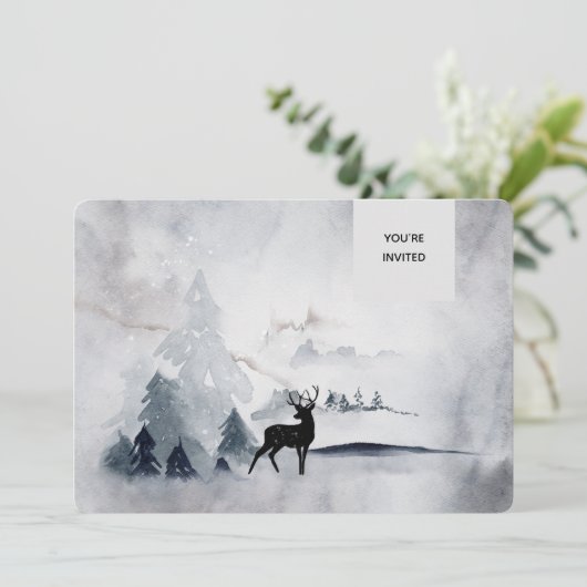 Winter Rentier Rustikale Hochzeit mit grauem Wasse Einladung (Stehend Vorderseite)