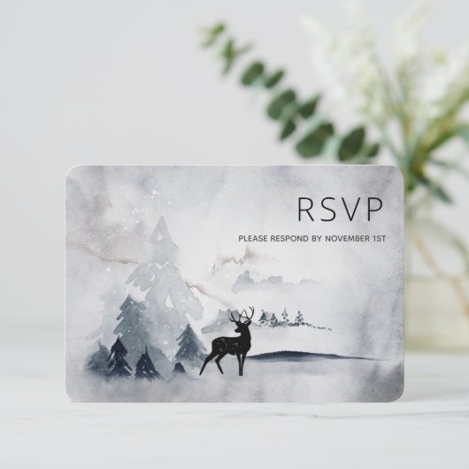 Winter Rentier Rustikale Hochzeit mit grauem Wasse RSVP Karte (Stehend Vorderseite)