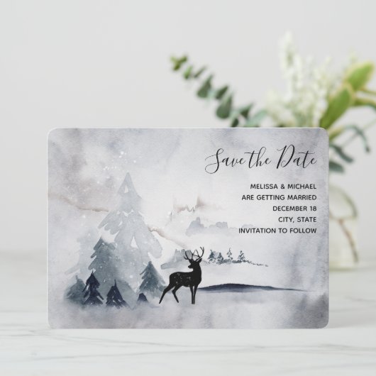 Winter Rentier Rustikale Hochzeit mit grauem Wasse Save The Date (Stehend Vorderseite)