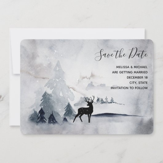Winter Rentier Rustikale Hochzeit mit grauem Wasse Save The Date (Vorderseite)