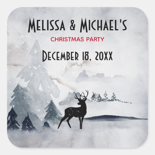 Winter Rentier Rustikaler Grauer Wasserfarben Weih Quadratischer Aufkleber (Vorderseite)