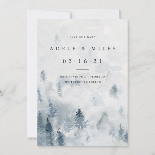 Winter Reverie | Aquarellwald Save the Date (Vorderseite)