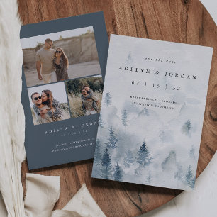 Winter Reverie   Blaue Wasserfarben-Pine-Hochzeit Save The Date