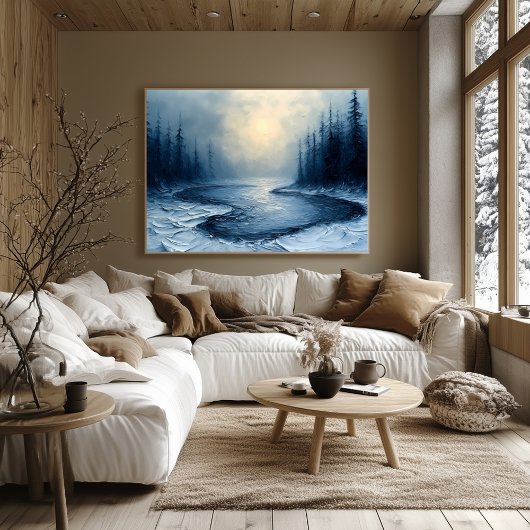 Winter River Bend - Abstrakte Foggy Forest Scene Poster