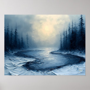 Winter River Bend – Abstrakte neblige Waldszene Poster