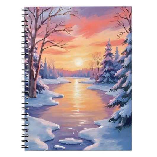 Winter River Sunset Landscape Snow Watercolor Notizblock (Vorderseite)