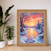 Winter River Sunset Landscape Snow Watercolor Poster