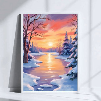 Winter River Sunset Landscape Snow Watercolor Poster