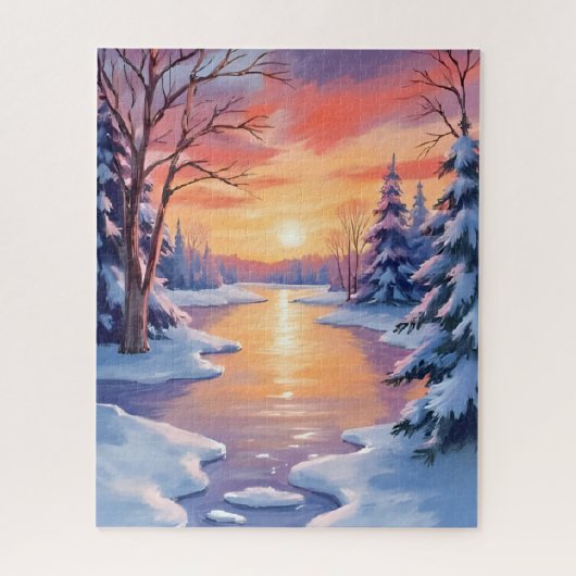 Winter River Sunset Landscape Snow Watercolor Puzzle (Vertikal)
