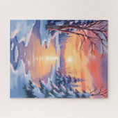 Winter River Sunset Landscape Snow Watercolor Puzzle (Horizontal)
