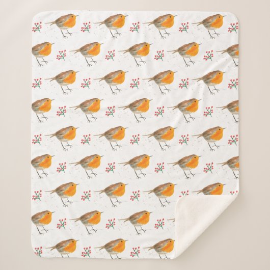 Winter Robin Bird Pattern Wasserfarbe Weihnachten Sherpadecke (Vorderseite)
