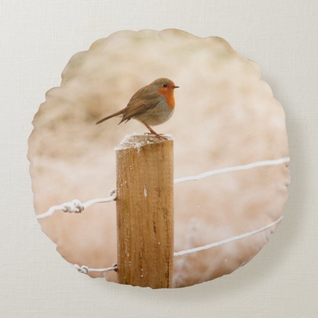 Winter Robin RedBrust Rundes Kissen (Vorderseite)