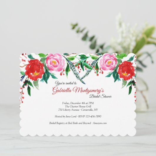 Winter Rose Brautdusche Einladung (Stehend Vorderseite)