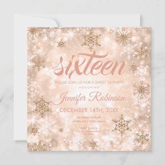 Winter Rose Gold Sweet 16 Glitzer Sparkle Einladung (Vorderseite)
