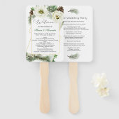 Winter Rose Pine Holly Wedding Programm Handfan Fächer (Vorne und Hinten)