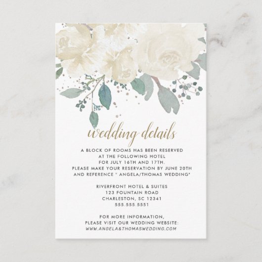 Winter Rose White Gold Floral Wedding Begleitkarte (Vorderseite)