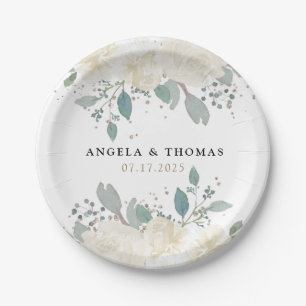 Winter Rose White Gold Floral Wedding Pappteller