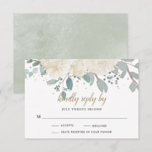 Winter Rose White Gold Floral Wedding RSVP Karte
