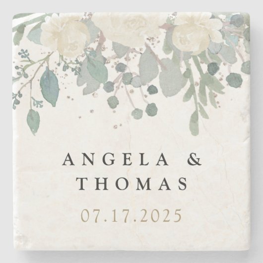 Winter Rose White Gold Floral Wedding Steinuntersetzer (Vorderseite)