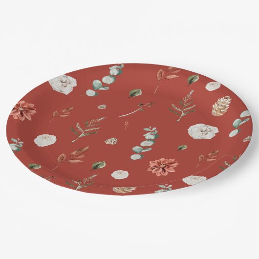 Winter Rote Blütengrün Festliches Brautparty Pappteller (Schrägansicht)