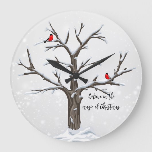 Winter Rote Kardinäle auf Schneebaum Große Wanduhr (Vorderseite)