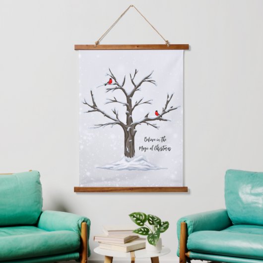 Winter Rote Kardinäle auf Schneebaum Wandteppich Mit Holzrahmen (Wohnzimmer)