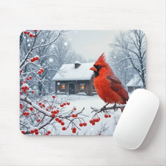 Winter Roter Kardinal auf der Zweigstelle Berry Mousepad (Mit Mouse)