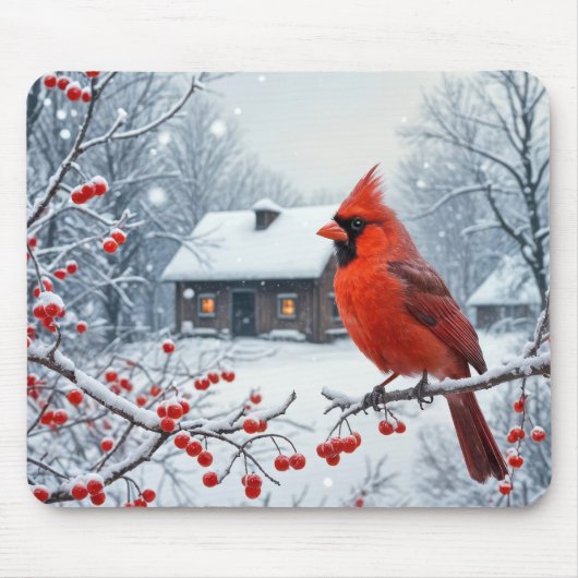 Winter Roter Kardinal auf der Zweigstelle Berry Mousepad (Vorne)
