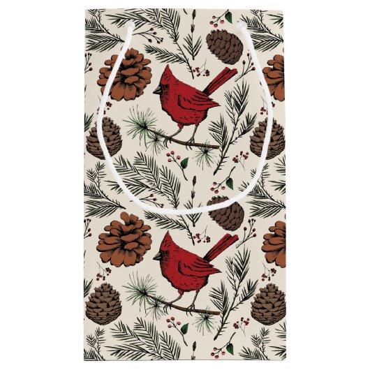 Winter Roter Kardinal in Pine Tree Kleine Geschenktüte (Rückseite)