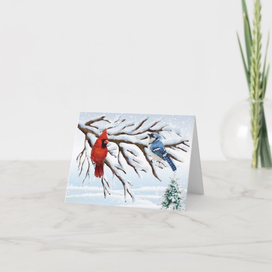 Winter-roter Kardinal und blaue Karte (Vorderseite)