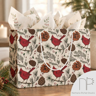 Winter-Rotkardinal und Kiefer in Off-White Große Geschenktüte