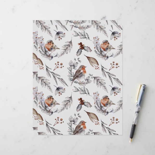 Winter-Rotkehlchen-Aquarell-Scrapbook-Papier (Vorderseite/Rückseite Beispiel)