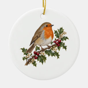 Winter-Rotkehlchen auf schneebedecktem Stechpalmen Keramik Ornament