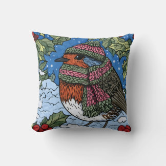 Winter-Rotkehlchen mit gestrickter Mütze und Schal Kissen